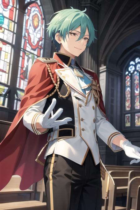 <lora:Tatsumi-04:0.7>, tatsumi kazehaya, solo, smile, short hair, gloves, long sleeves, 1boy, hair between eyes, jewelry, blue hair, jacket, male focus, earrings, pants, indoors, white gloves, cape, black jacket, ascot, aqua hair, profile, buttons, black pants, hand on own chest, lens flare, headset, gold trim, outstretched hand, red cape, reaching towards viewer, sleeve cuffs, aiguillette, white ascot, stained glass, church, beckoning