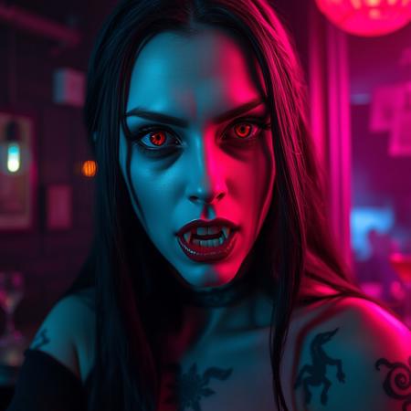 half body shot of a vampiress with european pale face and red eyes, dark hair, prominent and slightly aquiline nose with a straight bridge and a refined tip, bulgarian, with a very evil and demonic look, she must be gothic, dark, mouth slightly open and (showing her vampire fangs:1.1), she has tattoos with strange ancient symbols (maybe runic), inside a cyberpunk style pub at night, cyan light at her left, magenta light at her right, realistic, detailed, 8K