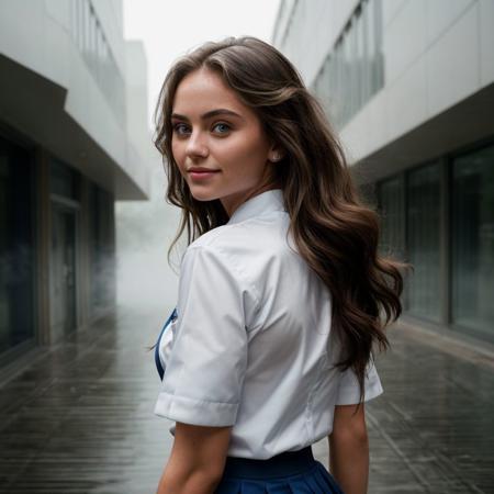 portrait photo of (lenikl woman:1.3), young, 20 years old,   (wearing a (sexy schooluniform:1.2),walking through  modern american highschool towards viewer:1.2), natural d-cup tits, (cleavage:0.6),  petite model, (symmetric face) ,for  magazine cover,  (cute smile:1.1), color,  Martin Schoeller, serious eyes, blue eyes, cinematic,  detailed skin, bodyhair, 50mm portrait photography, (medium shot:0.5) dramatic lighting photography, national geographic, portrait, photo, photography, Stoic, cinematic, 4k, epic, detailed photograph, shot on kodak detailed, bokeh, cinematic, hbo, dark moody, volumetric fog, (muted colors:0.6),   <lora:lenikl:0.9>       <lora:more_details:0.5>