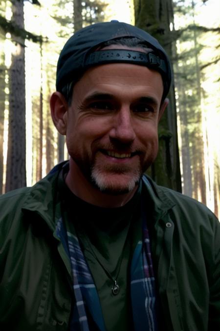 a handsome man <lora:terryDavis:1> standing in a forrest, UHD, 8K, RAW, candid, amateur, at peace with the world, wearing a backward base ball cap, [smiling], [faint green rim light glow]