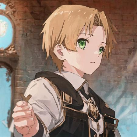 1boy, rudeusg, green eyes, <lora:RudeusGrayrat:1>, (exceptional, best aesthetic, new, newest, best quality, masterpiece, extremely detailed:1.2), magic, mushoku tensei, blonde hair, short hair,