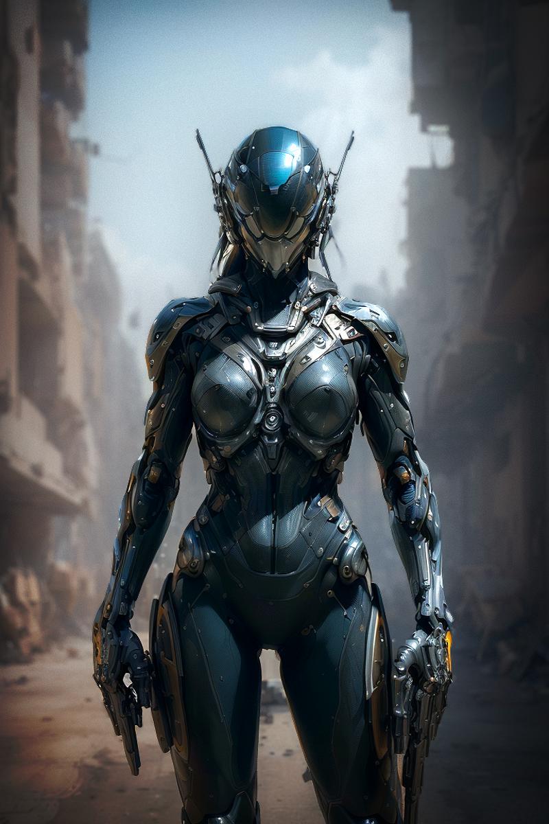 Futuristic Robot Woman in a Metal Suit Stands in a Destroyed City.