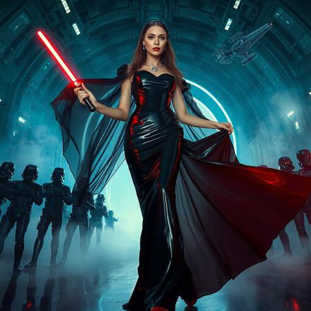 slender arrogant cold femme fatal russian princess wearing black rich  victorian  full skirt glossy foil  gown, small size opulent glossy red  high heels, ultrathin black transparent slime cloak, jewels, elegant small light saber in her right hand, lifting her skirts with left hand, posing standing, view from below,  evil grin, green eyes, lipstick, giant portal to outer space, fog from the floor, empire spaceship hangar, surrounded by halo odst troopers, TIE spaceships at the background, fashion look, hollywood, vogue makeup, porcelain skin, long haired, ultrathin waisym reminiscent of Lucas, Spielberg styles, with close-up glamour photography and dramatic lighting view from below,