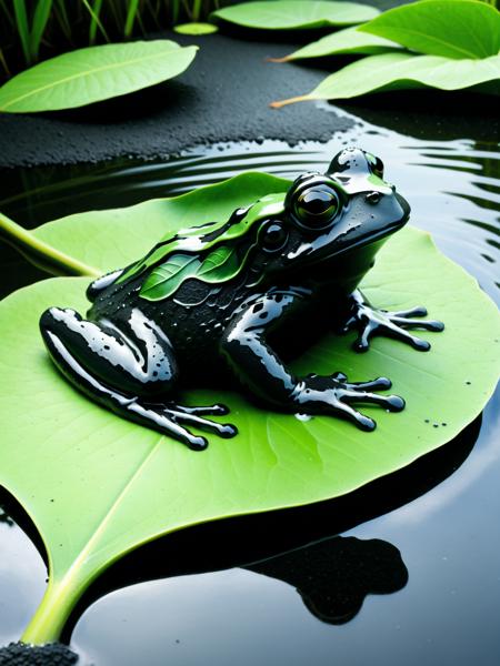 <lora:Fresh_Tarmac_SXDL:1>, a frog made of black ais-tarmac, sat on a green leaf over water