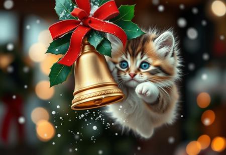 A whimsical winter wonderland scene captures a fluffy kitten's playful essence as it mid-bat at a hanging Christmas bell adorned with lush holly and crimson ribbon. The kitten's bright blue eyes sparkle with mischief, surrounded by soft, feathery whiskers and ultra-realistic fur. A sprinkle of tiny snowflakes dances around the bell, suspended in mid-air amidst warm, cozy indoor ambiance, illuminated by soft bokeh lights.