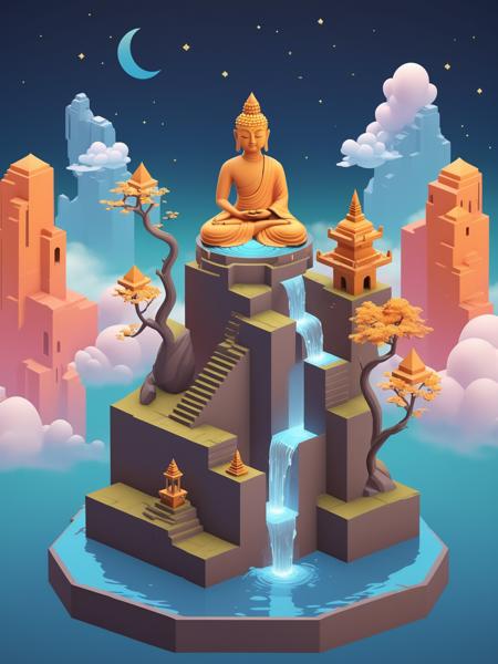 video game monument valley style, (A Buddha statue on the roof:1.1), stairs, water, cloud, trees, waterfall, gradient background, Night, starry sky,  <lora:Monument Valley style:0.75>