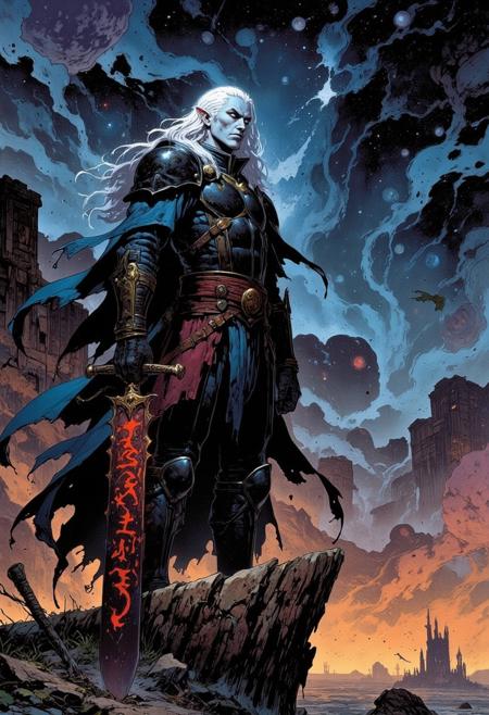 A majestic male albino elf king, with piercing blue eyes and long, flowing white hair, clad in sleek black plate armor adorned with intricate golden filigree. His skin is as pale as moonlight, and his pointed ears extend through the helm that sits atop his head. In his right hand, he grips a mighty black longsword, the blade of which is inscribed with the fiery glowing red runes that spell out "स्टोर्मबृंगेर"—a name that echoes with the promise of tempest and destruction. The sword's hilt is wrapped in a crimson cloth, and the cross-guard features interlocking thunderbolts. A dramatic cape of the deepest blue billows behind him, contrasting with the metallic sheen of the armor. The background is a cosmic tapestry of swirling nebulas, distant galaxies, and floating celestial bodies—a high fantasy space setting that suggests an epic tale unfolding across the stars. The king stands upon a rocky outcrop overlooking a vast, alien landscape below, where ancient ruins of a once-great civilization hint at forgotten battles and lost lore. His gaze is steely, focused on the horizon where a fiery comet streaks through the sky—a portent of the storms to come. His posture exudes power and nobility, as if he is the embodiment of the very forces he wields. The overall scene is rendered in a dynamic comic book style, with bold lines, vivid colors, and a sense of impending action that leaves the viewer eager to turn the page and unravel the story of this cosmic warrior.