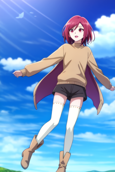 kiryuumichiru, sky, day, thighhighs, cloud, blue sky, full body, sweater, shorts, boots, open mouth