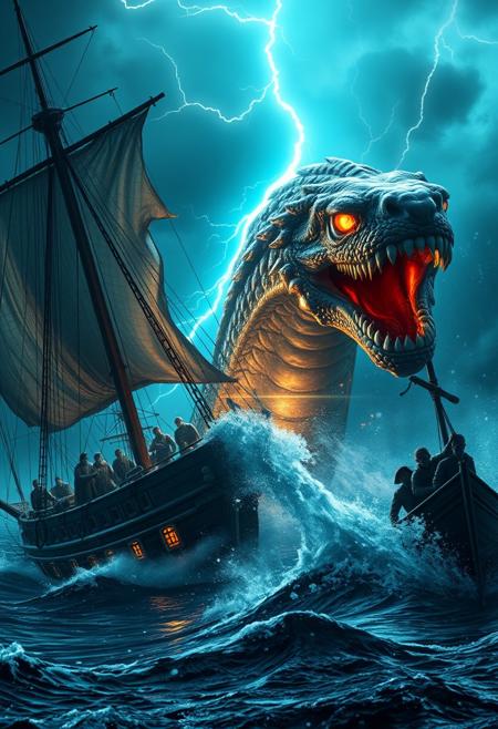 A hyper-realistic portrait, photorealistic photo close-up image of An epic battle scene on a stormy sea, where a pirate ship with tattered sails clashes with a colossal sea serpent. The serpent's scales shimmer with iridescent hues, and its eyes glow with fierce intelligence. Lightning illuminates the scene, casting dramatic shadows and highlighting the intense action. The ship's crew fights valiantly, their faces filled with determination. The composition captures the raw power of nature and the bravery of the sailors. Hyper-realistic, dynamic lighting, detailed textures, high contrast, dark and intense atmosphere, award-winning artwork (photography, high-resolution, dynamic, energetic,hyper-realistic, dramatic lighting, shallow depth of field.),  . shallow depth of field, vignette, highly detailed, high budget, bokeh, cinemascope, moody, epic, gorgeous, film grain, grainy.
<lora:Aura_Flux:0.85>,
<lora:FluxMythP0rtr4itStyle:0.75> mythp0rt,
<lora:bokeh_flux_ntc:0.4>,
<lora:detailed_flux_ntc:0.6>,
<lora:Dever_Flux_Enhancer:0.6> ,
<lora:detailer_flux_v1:0.6> detailerlora