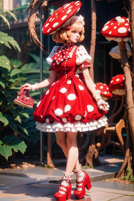 mushydress, dress, standing, full body, short sleeves, frills, puffy sleeves, red bow, puffy short sleeves, red dress, polka dot, white socks, red footwear, mushroom, platform footwear, polka dot dress, polka dot legwear,