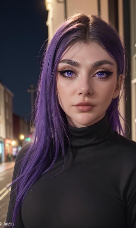 justAMinx2024, 1girl, best quality, masterpiece, 5 fingers, depth of field, raw photo, photorealistic, turtleneck, walking, depth of field, long purple hair, looking at viewer, skin pores, closeup, focus on eyes, night, Dublin, mascara