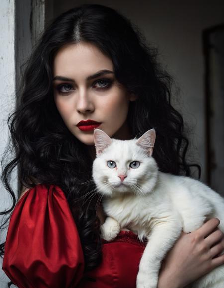 A young woman with long, wavy hair and dramatic makeup holds a white cat closely to her chest. She wears a vintage-style dress with red accents. The girl’s piercing gaze and the cat’s expressive eyes convey a sense of intensity. The background is dark and eerie, enhancing the gothic atmosphere of the image. Both the girl and the cat display subtle signs of distress, with a small smear of blood on the cat's forehead, suggesting a haunting narrative
