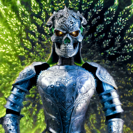 a robot with a skull face and a green background with leaves and flowers in the foreground, with a green background with leaves and a green background with a white, gothic art, Anne Stokes, biomechanical, concept art