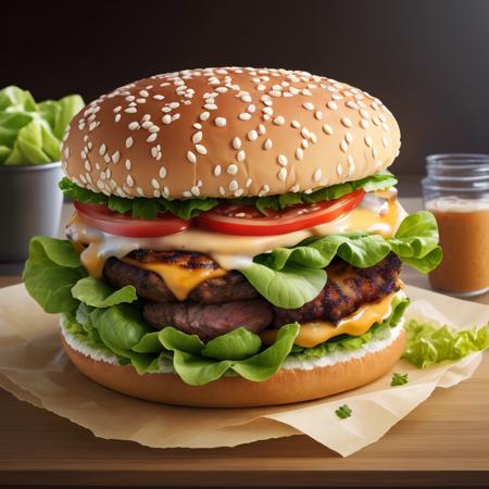 best quality, ultra high res, (photorealistic:1.4), ultra-detailed,incredibly detailed, foil package, big mac, fried meat, wet lettuce, melting cheese,