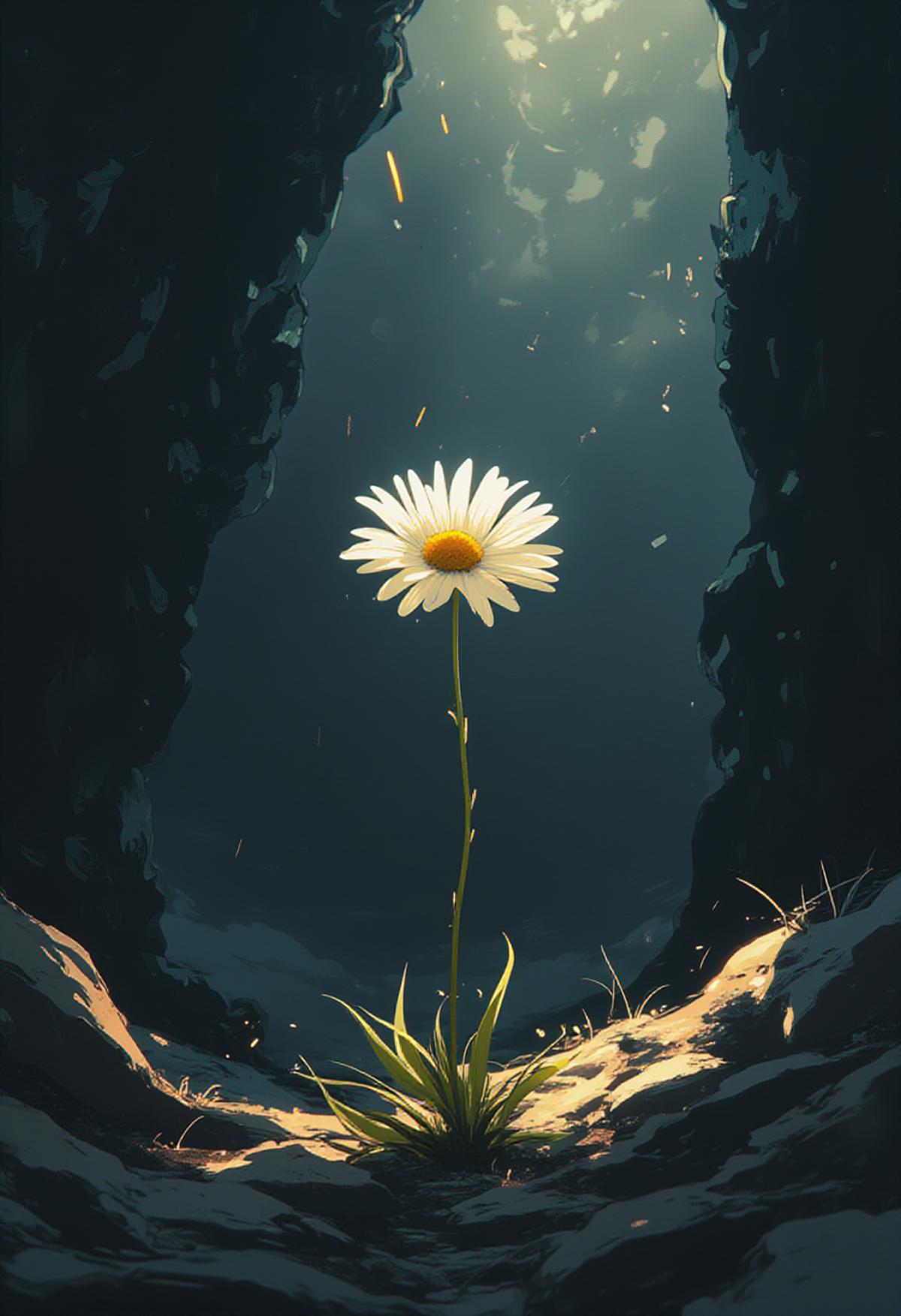 A lone daisy stands in a dark, cavernous space illuminated by a soft, ethereal light. The intricate details of the flower's petals and the texture of the surrounding rocks are captured with precision, creating a sense of depth and mystery. The image exudes a serene, almost magical quality, emphasizing the contrast between light and darkness.,  artistic concept art with fine chaotic brush strokes,     <lora:MJanime_flux_lora_v1:1.0>