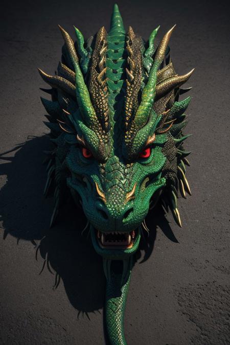 Asian dragon , green, red, gold snake gradient vibrant neon colour, rough, textural, broad brush strokes, red color prominent detailed, alienzkin, silhouette, spotlight, dark theme, c4d, blender, raytracing, unreal engine 5, render 3d, face close up,  from above,