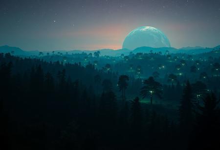 Giant bioluminescent forests flicker like fireflies in the perpetual twilight of a tidally locked planet, wallpaper, masterpiece