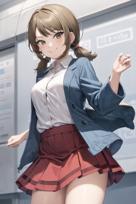 <lora:LassORASLora-10:0.7>, lass, red skirt, white shirt, blue jacket, smile, short hair, twintails,