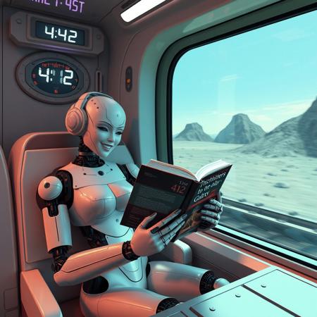 Robot humanoid woman sitting in futuristic train and reading a book "The Hitchhiker's Guide to the Galaxy", she is laughing. Train is passing by mile post nr 42. There is clock showing time 4:42 in train. train is passing by futuristic landscape.