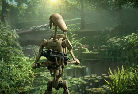 B1 droid holding gun in forest, realistic water effects, sun rays, realistic lighting, beautiful environment, shrubbery, reflections
<lora:B1 Droid v1.0:1> <lora:add-detail-xl:0.5> <lora:xl_more_art-full_v1:0.3>