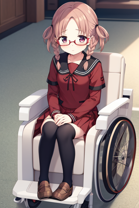 hiiraginemu, 1girl, solo, looking at viewer, skirt, shirt, thighhighs, long sleeves, ribbon, sitting, closed mouth, school uniform, full body, braid, short sleeves, pleated skirt, small breasts, shoes, glasses, serafuku, black thighhighs, sailor collar, zettai ryouiki, neck ribbon, red skirt, chair, expressionless, brown footwear, own hands together, loafers, layered sleeves, short over long sleeves, split mouth, hands on own knees, red sailor collar, brown sailor collar, wheelchair