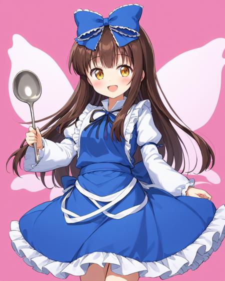 star sapphire,1girl, solo, fairy_wings, holding_ladle, open_mouth, apron, blush, hair_bow, smile, blue_bow, long_sleeves, facing_viewer, pink_background, ribbon, hime_cut, fairy, frills, blue_dress
<lora:star_sapphire_image1386_2023-12-20-000012:1>,star-shaped_pupils,symbol-shaped_pupils,. gorgeous,key visual, vibrant, studio anime,award-winning, professional, highly detailed,high budget, cinemascope