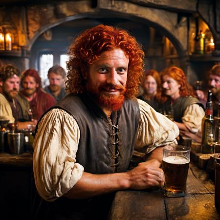 highly detailed candid photo of male barkeep:1.2,

1boy, looking at viewer, red hair, male focus, cup, facial hair, curly hair, messy hair, mustache, beard, bar (place), scar, multiple girls,

masterpiece, best quality:1.1, realistic:1.3,
shadow play:1.0,  dark interior, medieval tavern:1.-, 

ultra photoreal, photorealistic:1.0, sharp focus:1.1, 
depth of field:1.1, 

50mm, style of Nathan Wirth, Hasselblad X1D II, Porta 160,
