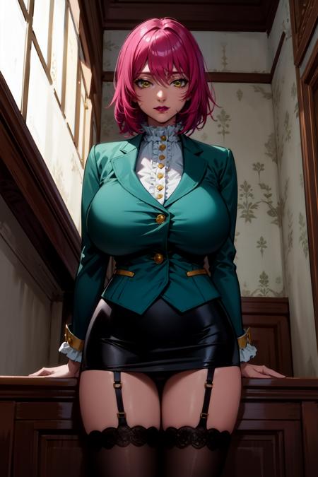 himeno short hair,pink hair,yellow eyes,,solo,large breasts,purple lipstick,mole under mouth black skirt,miniskirt,white shirt,green blazer,buttons,frilled,garter straps,garter,black high heels