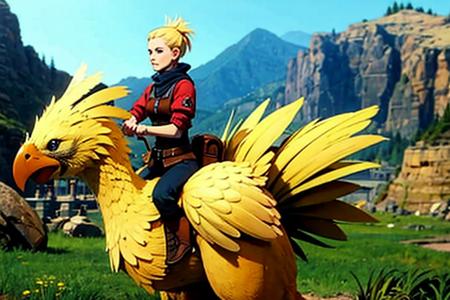 woman, riding, chicken, bird, chocobo  <lyco:Chocobo_Lycoris:0.8>