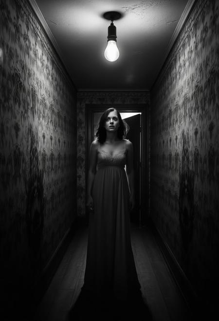 A narrow, dimly lit corridor stretches into darkness, illuminated only by the flickering light of a single exposed bulb hanging from the ceiling. A woman in a long, flowing nightgown stands frozen in the center, her shadow cast monstrously large against the crumbling wallpaper behind her. Her eyes are wide with fear, lips parted as if mid-scream, but no sound escapes. The scene is shot in black and white, evoking the high-contrast aesthetic of silent-era horror films. Chiaroscuro lighting exaggerates every shadow: the folds in her gown, the lines on her face, the eerie outline of a door ajar at the end of the hall. The atmosphere is thick with suspense—claustrophobic, surreal, and intensely dramatic, as if danger lurks just outside the frame.