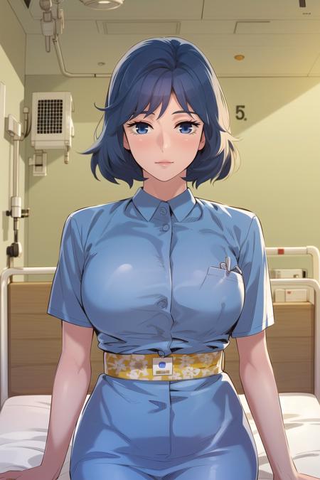 ultra high res,8k, RAW photo, best quality, masterpiece,detailed,looking at viewer,1girl,solo, <lora:gjj_duoxi-000020:0.7>,short hair,blue hair,infirmary, nurse,in hospital, bed