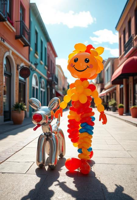 "In a sun-kissed, vibrant town, a balloon animal person, crafted from a dazzling array of colorful, twisted balloons, beamed with joy as they strolled through the streets, accompanied by their ecstatic, balloon animal companion. The person, a masterful creation of inflated, curved, and twisted balloons, boasted a bright, which seemed to radiate happiness, their balloon body a mesmerizing mosaic of red, blue, and yellow hues. Their balloon dog, a charming, canine creation, with a twisted, balloon tail and ears, wagged its tail with excitement, its balloon body a delightful, shimmering silver. As they walked, the balloons seemed to glow with a soft, ethereal light, casting long, curved shadows on the sidewalk, like a whimsical, three-dimensional drawing. The balloon person's eyes, two shiny, black dots, sparkled with delight, while the balloon dog's tongue, a tiny, pink balloon, lolled out of its mouth, as if laughing with joy. The town's buildings, a colorful, storybook backdrop, seemed to smile along with the happy duo, their windows and doors reflecting the balloons' vibrant hues, creating a dazzling, kaleidoscopic effect."