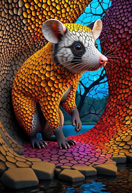 Geometric Transformation, ((opossum)) made out of voronoi,  basalt columns, Hylophobia, twisted blackened trees, river, dramatic, vibrant colors, vivid colors, Masterpiece, best quality, amazing quality, volumetric lighting, SFW, PG, exquisite detail, digital art, highly detailed, beautiful, surreal, lazypos,