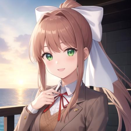 ((masterpiece)),(best quality),official art,extremely detailed CG,unity 8k wallpaper,ultra detailed,A lighthouse on a cliff by the sea,1girl,solo,upper body,(portrait:1.2),monika (doki doki literature club),green eyes,very long hair,black thighhighs,brown hair,blue skirt,smile,school uniform,ponytail,pleated skirt,looking at viewer,brown jacket,long sleeves,white ribbon,hair ribbon,bangs,uwabaki,white footwear,neck ribbon,white shirt,sidelocks,medium breasts,red ribbon,zettai ryouiki,hair bow,white bow,<lora:Monika(ddlc)>,