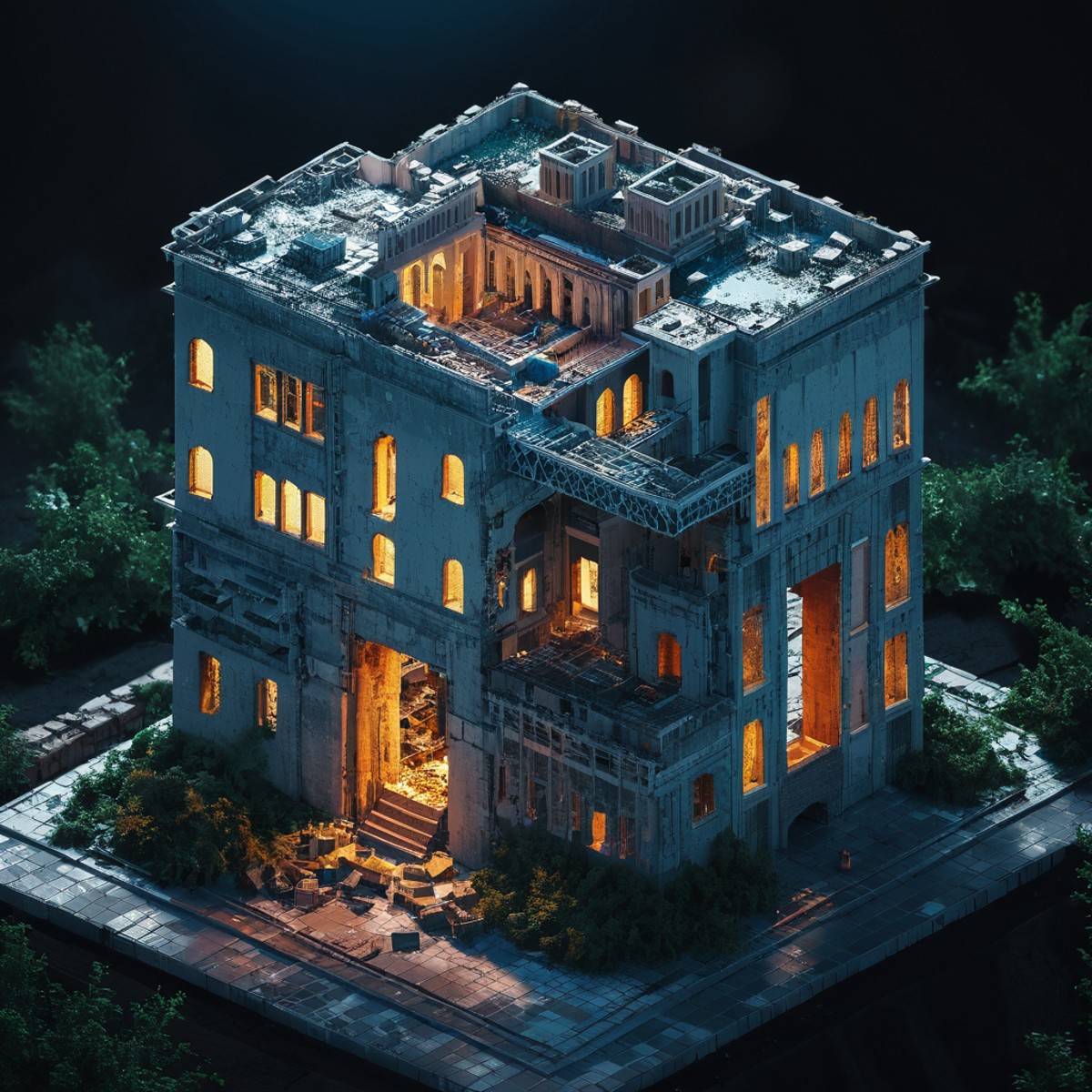 breathtaking cinematic photo isometric style destroyed building, tilemapstyle, voxell, scenery, realistic,<lora:TileMapSty...