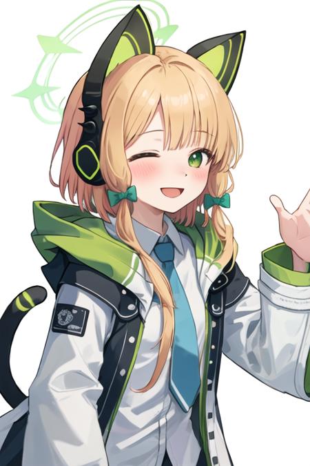 best quality, masterpiece, highres, solo, {midori_bluearchive:1.15}, headphones, animal_ears, blonde_hair, fake_animal_ears, animal_ear_headphones, green_eyes, cat_ear_headphones, bow, halo, bangs, blush, hair_bow, short_hair, 1girl, :d, blue_necktie, collared_shirt, green_bow, hooded_jacket, jacket, long_sleeves, necktie, open_clothes, open_jacket, open_mouth, shirt, smile, upper_body, white_background, white_jacket, white_shirt, blue_bow, hood, wide_sleeves, closed_eyes, facing_viewer