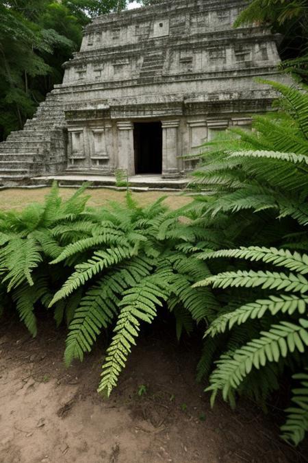 work of art, ultra realistic. 4k , Cinematic film still, , film grain, vignette, color graded, post-processed, cinematic lighting, 35mm film, live-action, best quality, atmospheric, a masterpiece, epic, stunning, dramatic close-up of vegetation and ferns, in a clearing a ruined maya Temple of Inscriptions from Palenque with vegetation.