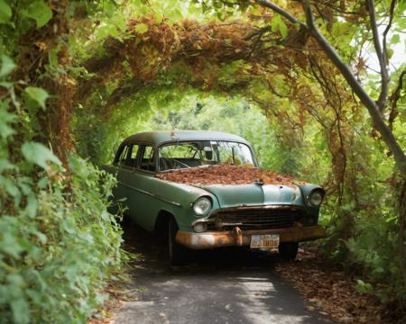 Envision highways and roads overgrown with vegetation, where rusted-out vehicles are entwined with vines. The once-bustling thoroughfares are now pathways for roaming wildlife, and the only sounds are the wind and the rustling of leaves, SZ_4poXL enviroment   <lora:Post ApocalypticXL_v2:0.6>