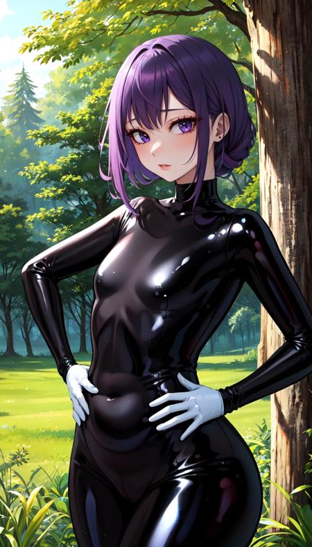 masterpiece, best quality, outdoors, field, forest, grass, 
cosmieyes, eyelashes, purple hair, purple eyes, latexconcept, 1girl, solo, looking at viewer, upper body, plump, belly, fat, hands on hips, 
bodysuit, skin tight, latex, black bodysuit, blue bodysuit, shiny clothes, shiny, covered navel, steam, 
<lora:Concept_Latex:1>, <lora:Concept_Plump:1>,  <lora:CosmicEyes:1>