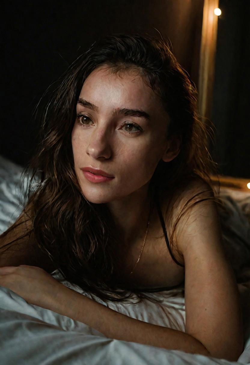 Cinematic, High Quality, Beautiful, Realistic, Chiaroscuro, Photorealism, Still Film, (Masterpiece), Close-up, 8k, 
(full body portrait: 1.4), 24 year old woman, lying on bed, RAW uhd portrait photography, room background, (looking at camera), cute face, night, mirror light, DSLR camera, 
exceptional quality, sharp focus, sharpness, sharpness, film grain, (center), 
Fujifilm XT3, sharp focus, bokeh, (dark light), inspiration. Authors: Jim Mahfood, Henry Asencio, Greg Rutkowski, Craig Davison, Jenny Saville, Bernie Wrightson, Frank Frazetta,