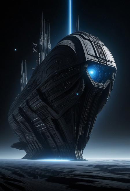 A colossal interstellar spaceship, a massive freighter with intricate, biomechanical designs reminiscent of H.R. Giger’s aesthetic. The ship features sparse, faintly glowing blue elements along its hull, emphasizing its alien and industrial nature. It drifts silently in the deep, dark void of space, with distant planets barely visible in the background, adding a sense of isolation and scale. The scene is shadowy and atmospheric, with a dark color palette dominated by blacks, grays, and muted metallic tones. The lighting is minimal, creating a mysterious and foreboding ambiance. Negative: no resemblance to Star Wars, no bright or flashy elements, no heroic or fantastical designs