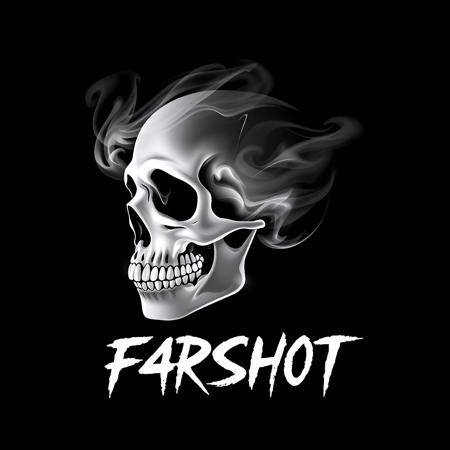 Skull,slhouette, skull made of smoke, teal_smoke, black and white outline, the word F4RSH0T