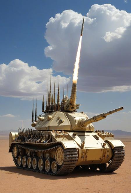 desert, tank rhinoceros, made of Transistors, sky,  cloud, ray, sun, combat, multiple missiles