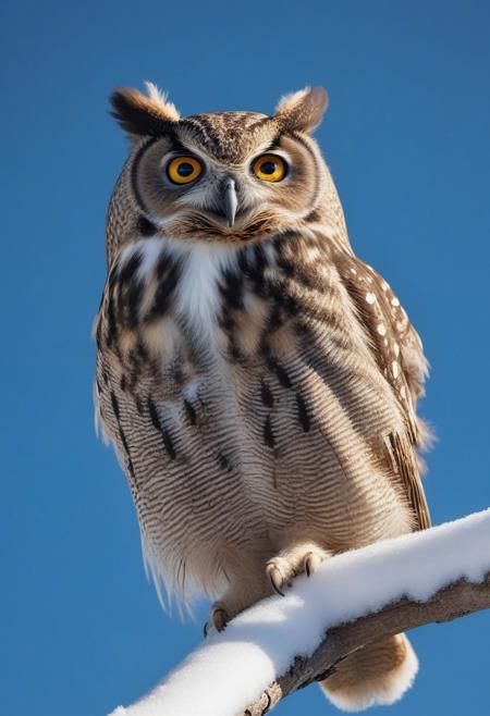 very realistic close-up photography owl perched on a snowy branch, blue sky background with cirrus clouds and slightly hidden sun
