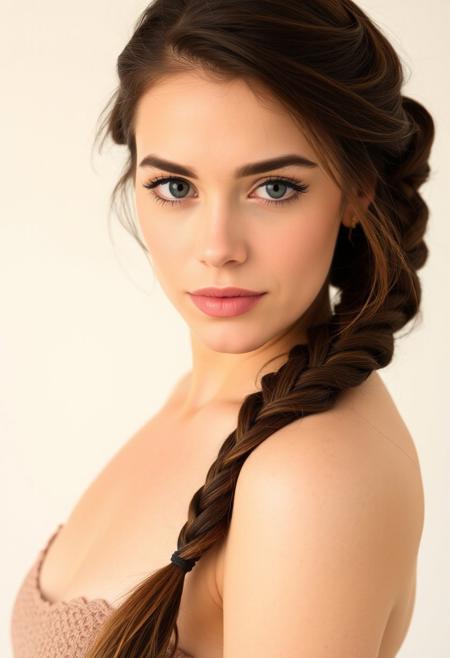 rigurous front view of a brown haired beautiful woman, long braid over the shoulder side