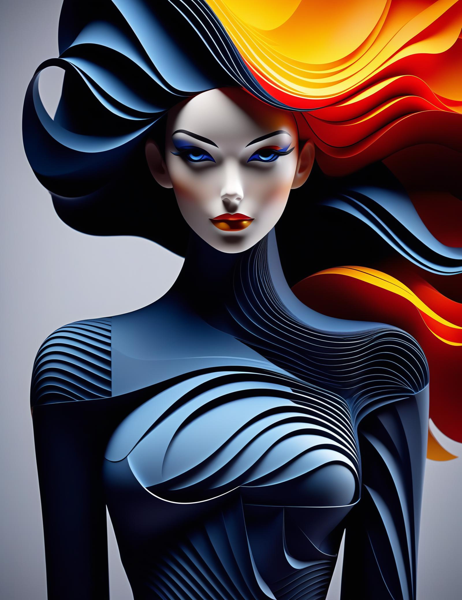 Artistic 3D Model of a Woman with Brightly Colored Hair and Blue Eyes