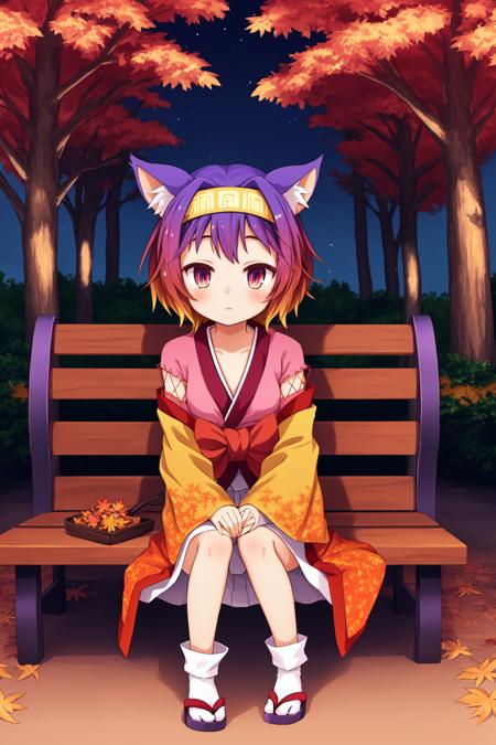 <lora:izuna v2:1> hatsuse izuna, short hair, wide sleeves, sarashi, yellow hairband, tabi, short kimono, gradient hair, 1girl on one knee,w arms, serene autumn garden, rich colors of fall, cushy blankets on benches, crunchy leaves underfoot, twinkling lights in the trees