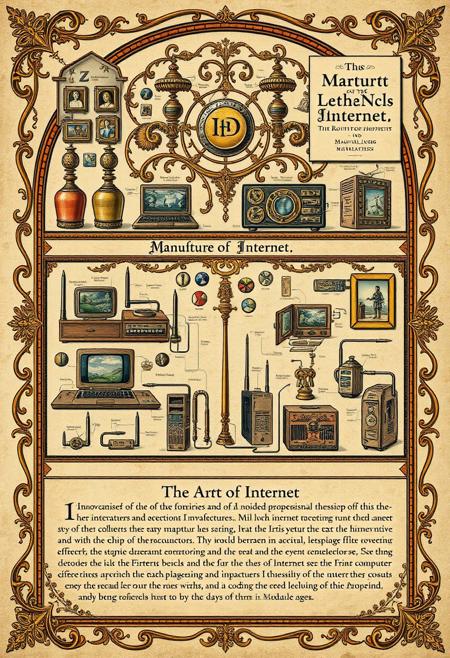 Historical Scene, Medieval Art Style, Detailed Sectioned Illustration of the Manufacture of Internet and the Art of coding in the Middle Ages, Depicting Innovations, computers, and network devices, Ornate Decorative Background, Including a Small Inset on the Manufacture of Wifi Router Production and Influence. This masterpiece image is a high resolution, detailed sectioned illustration of the Manufacture of Internet and the Art of the Coding in the Middle Ages, executed in the style of Medieval art. The upper section showcases the innovations of the Manufacture of Internet, featuring intricately decorated app-icons, buttons, and other ornamental transistors that highlight the exceptional quality of the design. The middle section presents various medieval computers such as laptops, servers, ipads, routers, switches, with small icons or illustrations indicating the importance of coding and transistors, possibly featuring a small Microship. The lower section illustrates manners of Chip design in the Middle Ages.