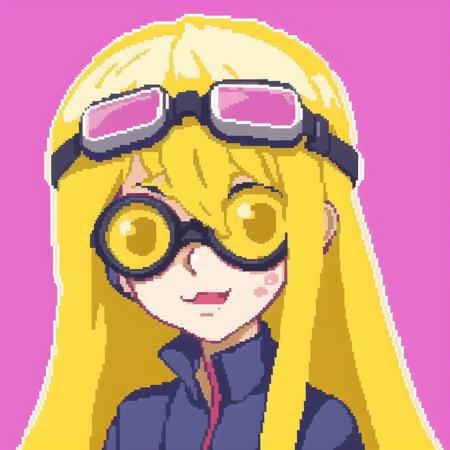 <lora:hcnone:1>, hcnone,  pixel art, blush stickers, eating, goggles, goggles on head, helmet, highres, long hair, very long hair, yellow eyes