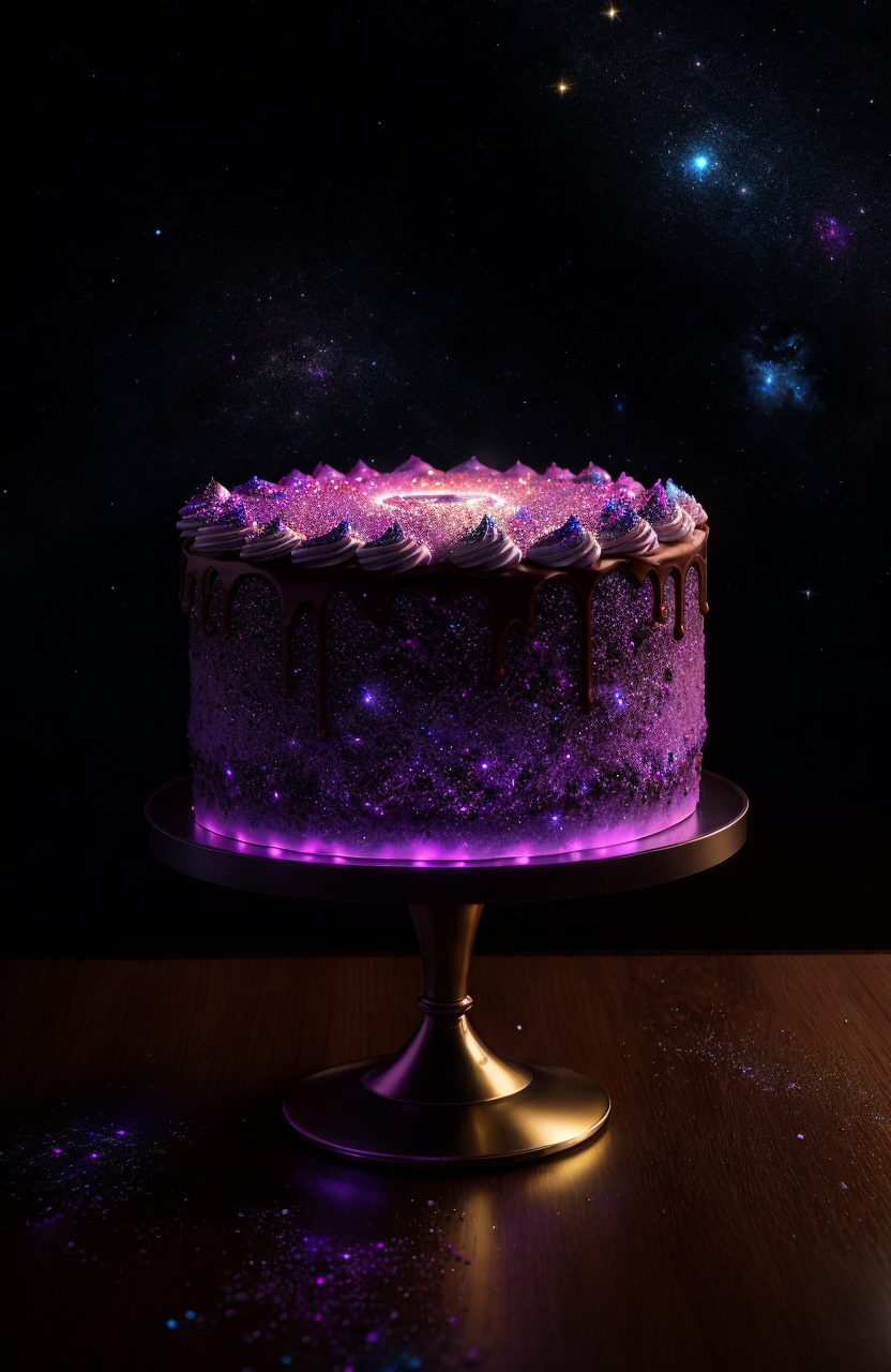 Delicious glowing galaxy cake on a dining table in the kitchen, comfortable light ,romantic light, ultra details ,photorea...